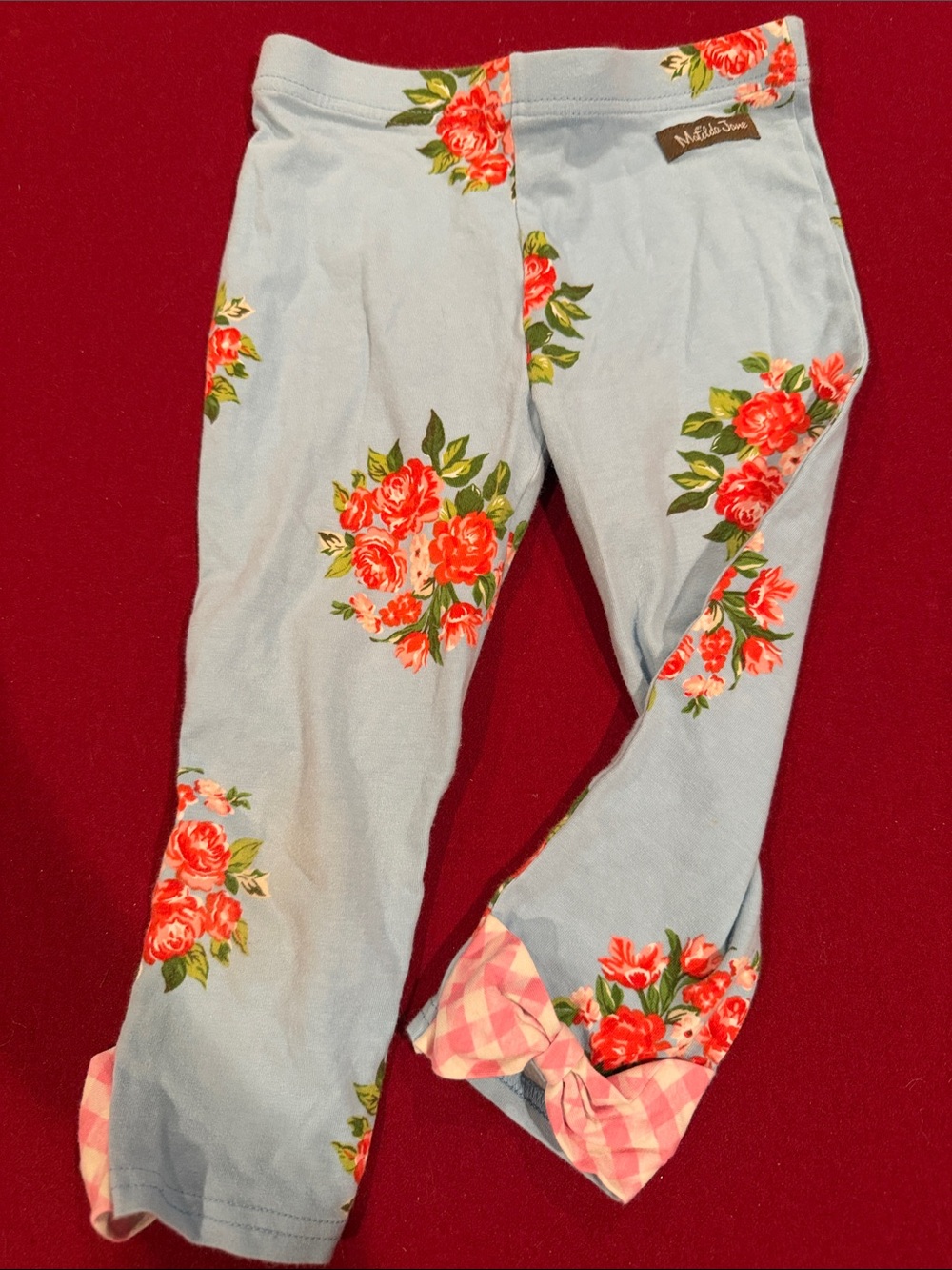 Matilda Jane Light Blue Floral Cropped Leggings with Pink Gingham Bows